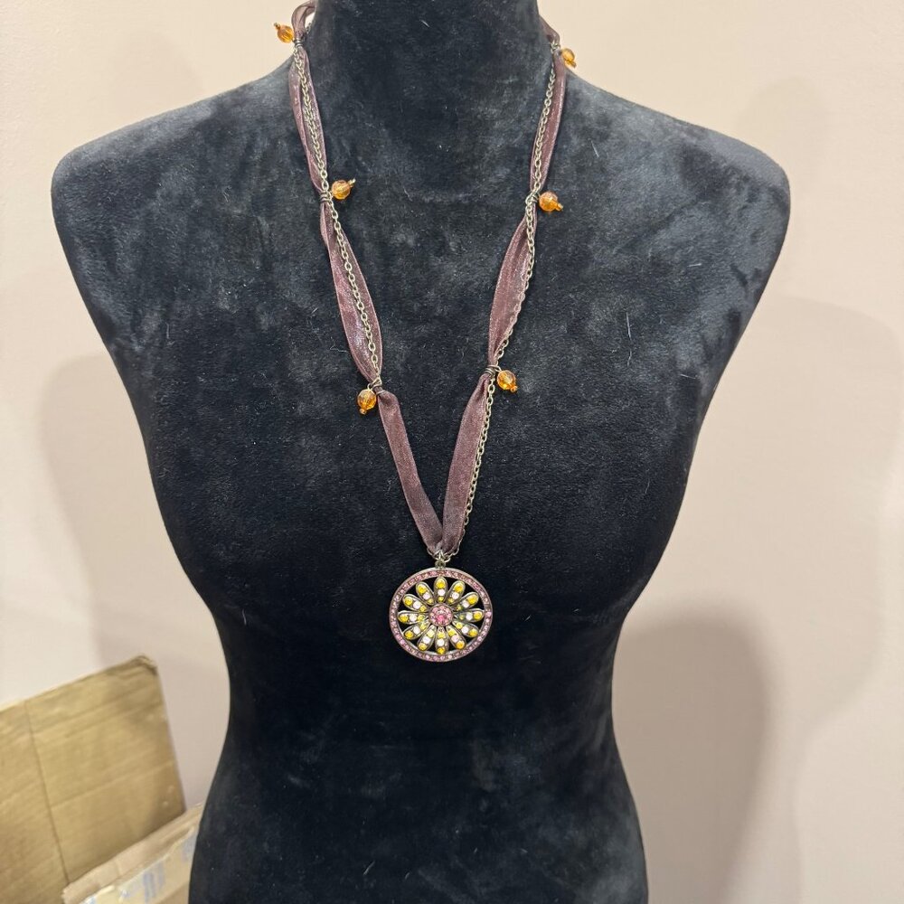 Boho Pink & Yellow Gemstone Pendant Necklace With Ribbon & Chain Accents